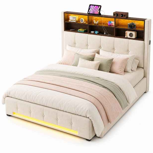 CHICFURN ČALOUNĚNÁ POSTEL 160/200 cm v béžové barvě s úložným prostorem, LED a USB-C