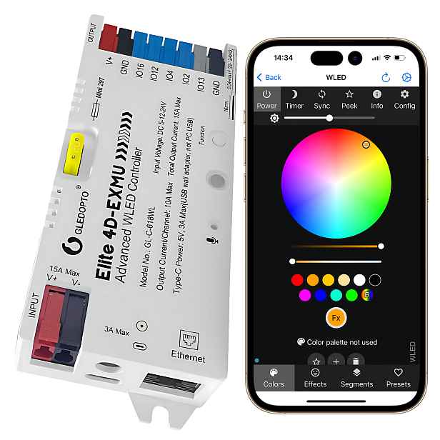 Led ovladač Wled Rgbic WiFi ESP32 Ethernet RJ45 Pwm WS281x Mqtt 4 Kanály