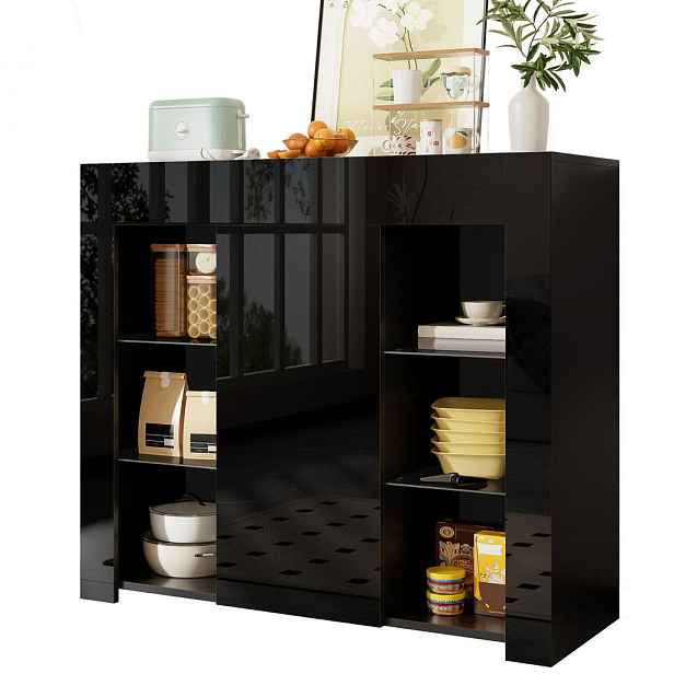 Modenvie SIDEBOARD z dřevotřísky, 95/35/83 cm, černý, s částečně lesklým čelem a skleněnými policemi