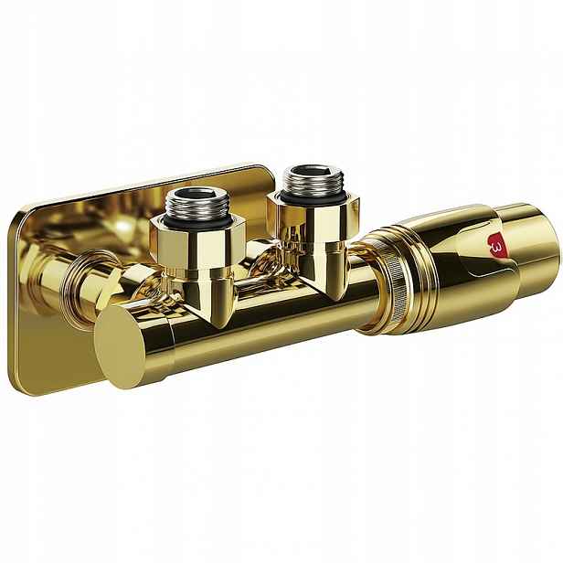 Termostatický Úhlový Radiátorový Ventil Zlatý Duplex S Maskovací Sadou