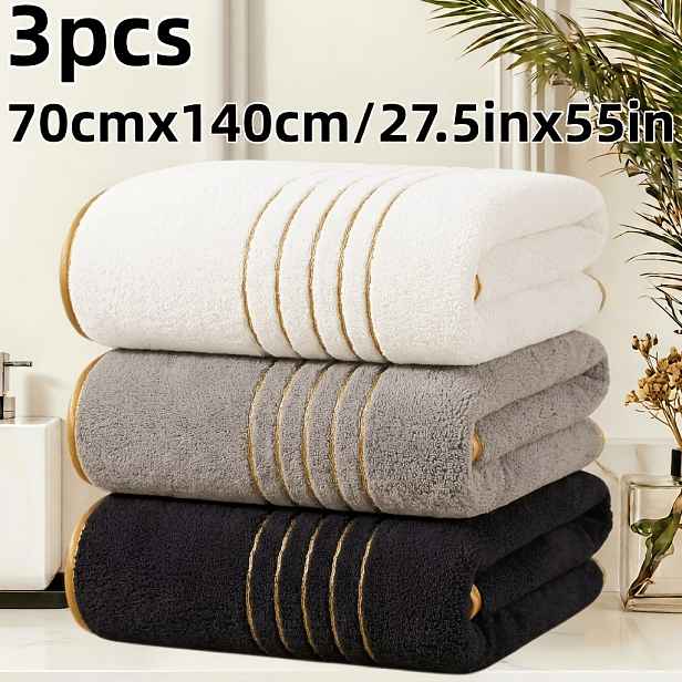 TEMU 3ks 70cm x 140cm Ručník do koupele se zlatou nití, 300 GSM, Zahuštěný korálový, Směsový materiál Poly-Jacquard, Různé barvy, Savý,