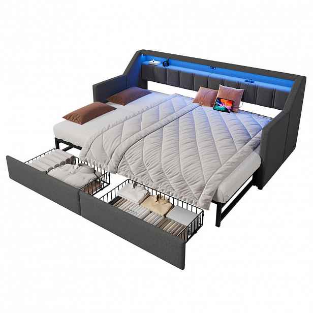 FLIEKS DENNÍ POSTEL 90x200cm LED USB-C Zásuvky Rozkládací