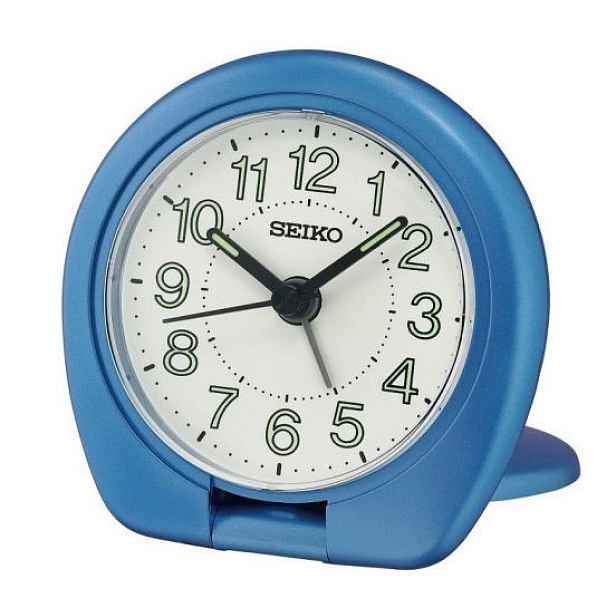 Malý Kulatý Skládací Modrý Cestovní Budík Seiko QHT018L Alarm 8 cm