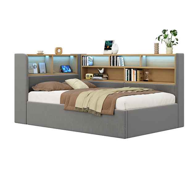 Redom DENNÍ postel 90/200 cm s hydraulickým úložným prostorem, LED osvětlením, USB a USB-C, samet, Šedá