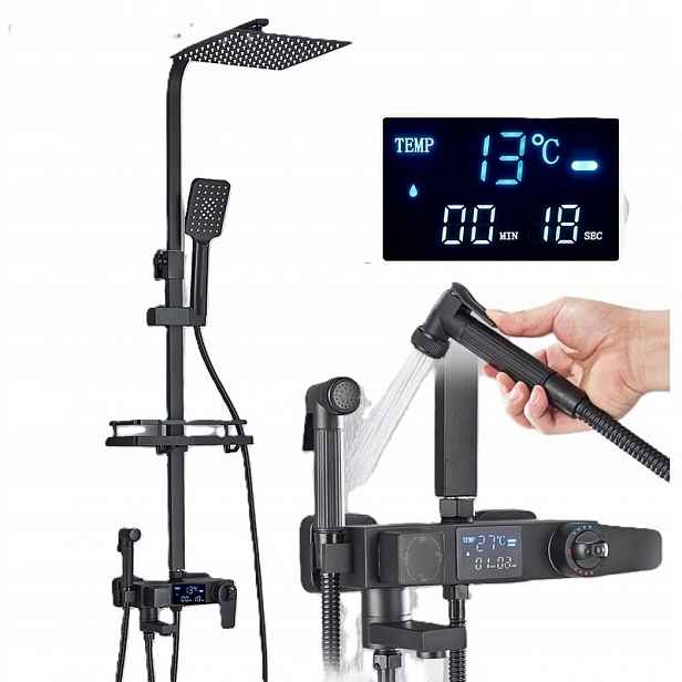 Černá sprchová baterie Termostat LCD Ocelová dešťová sprcha