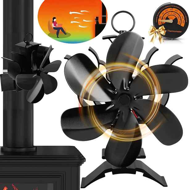 Krbový Ventilátor 6 Lopatek S Teploměrem Napájený Teplem, Tichý Větráček
