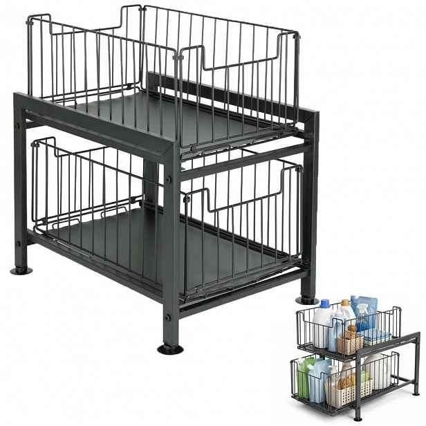 Organizér pod dřez, výsuvný dvouúrovňový koš, nosnost přes 30 kg, černý