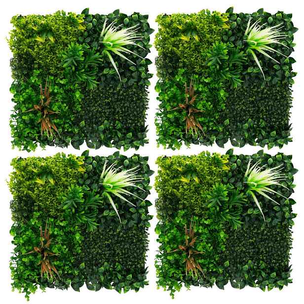ECD-Germany UMĚLÁ ROSTLINNÁ STĚNA, sada 4 ks, 50 x 50 cm, umělé rostliny, na stěnu, do interiéru i exteriéru, zelená, Sunburst