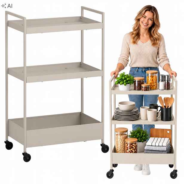 Kuchyňský vozík Ikea Nissafors Barek na kolečkách, béžový, 3 úrovně, kovový