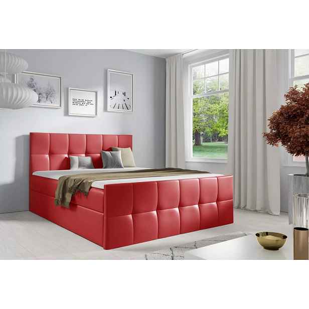 Manželská postel CHLOE - 200x220, červená eko kůže + topper ZDARMA