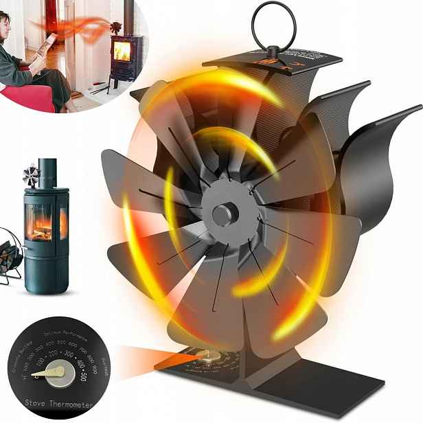 Ventilátor Krbový 8-LOPATKOVÝ Termoelektrický Ventilátor S Teploměrem