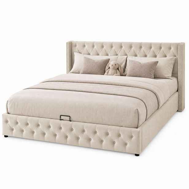 CHICFURN ČALOUNĚNÁ POSTEL 180/200 cm v béžové barvě ze sametu s úložným prostorem