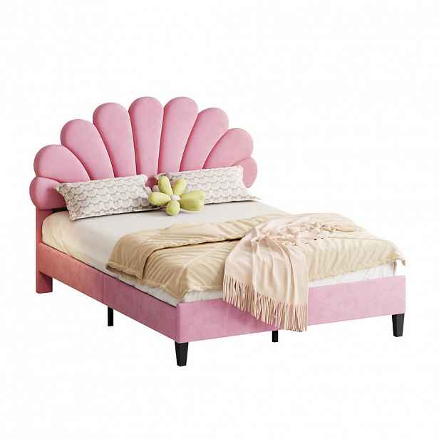 OKWISH ČALOUNĚNÁ postel 140/200 cm růžová s sametem s květinovým čelem a roštem