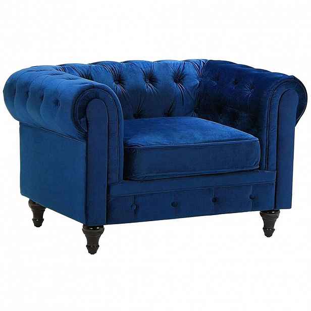 Beliani KŘESLO Sametová látka kobaltově modré Chesterfield
