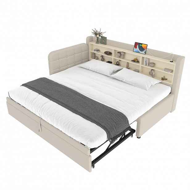 FLIEKS DENNÍ POSTEL 90/180x200cm Len Rozkládací USB-C Béžová