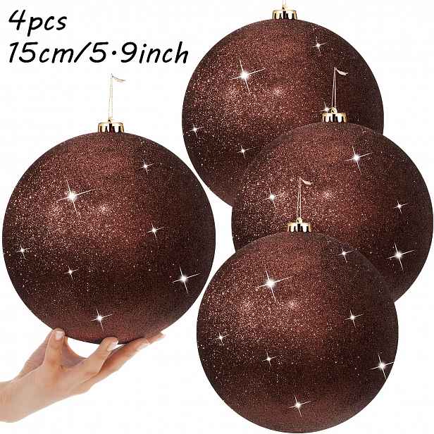 TEMU 4 ks, Velké 6palcové/15cm kávové koule na Vánoce - Pevné a odolné plastové sférické ozdoby se závěsnými krytkami/prsteny, vhodné pro vnitřní i