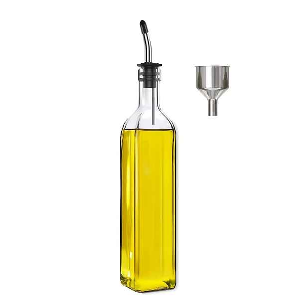 TEMU Skleněná láhev na olivový olej, dávkovač potravinářského oleje, 17 Oz/500 ml transparentní barva, s trychtýřem a zátkou na láhev, čtvercová