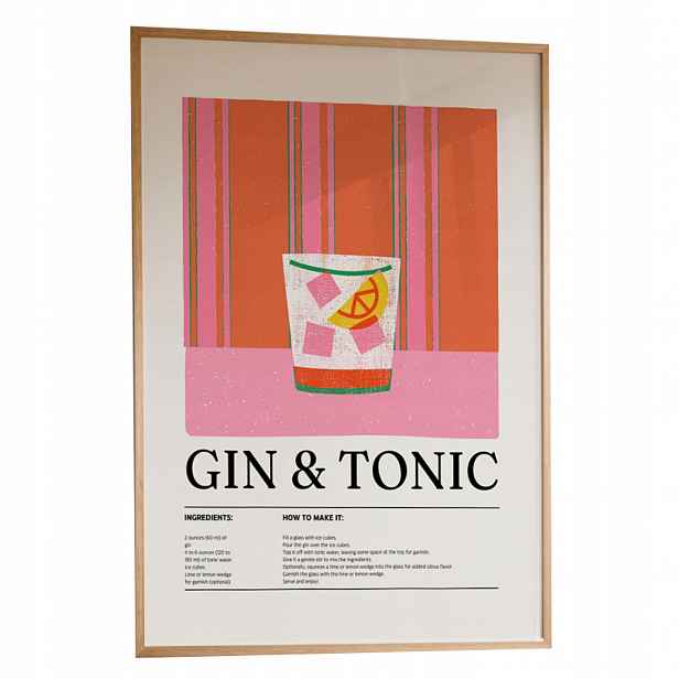Plakát Gin & Tonic A3 Obraz Kuchyně Bar Retro Rámeček Dřevěný 30x42 cm
