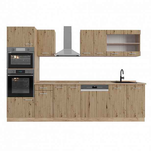 Vicco KUCHYŇSKÝ KOUT R-Line Dub Artisan / dub Goldkraft 300 cm s vysokou skříní, bez pracovní desky