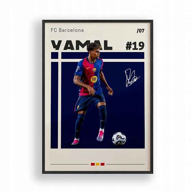 Plakát Yamal s míčem Fc Barcelona A3 Rámeček Dřevěný Černý 30x42 cm