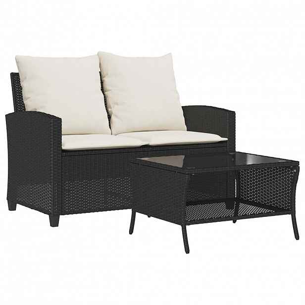 vidaXL Zahradní pohovka 2-sedák s polštáři&Stůl Black Poly Rattan