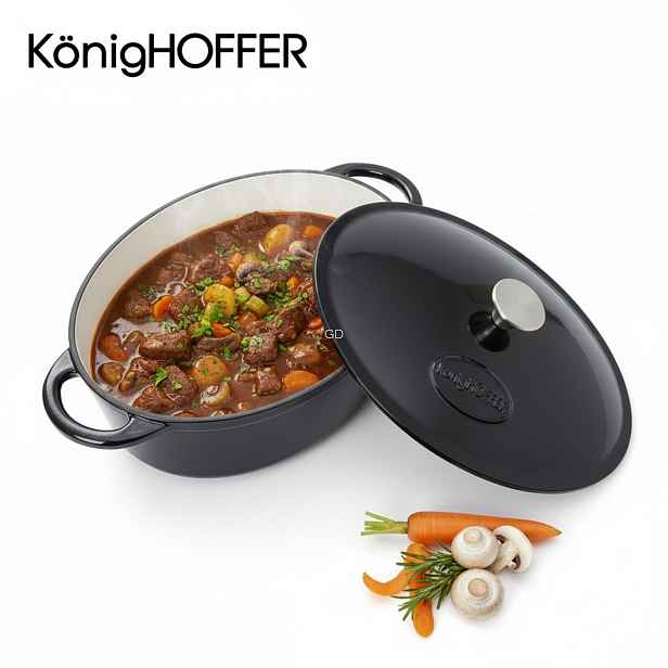 Pekáč litinový smaltovaný oválný Konighoffer 6,4 l černý s poklicí 32 cm