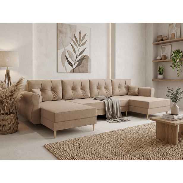 Rozkládací sedací souprava do U SILVIANO 300x140 cm, béžová + 2 polštářky ZDARMA