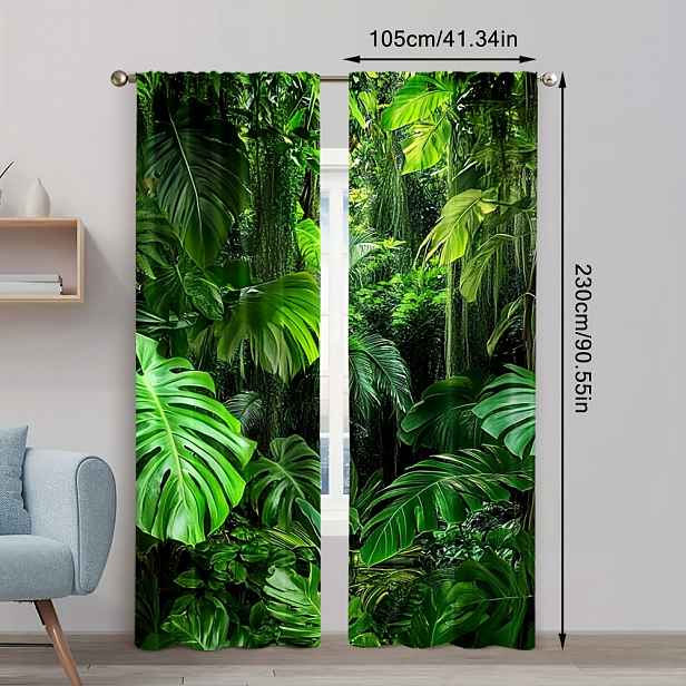 TEMU 2ks Art Deco tropický deštný prales zelené a palmové vzory průsvitné závěsy, 100% polyester, poloprůhledné, strojově pratelné, kapsou na tyč pro