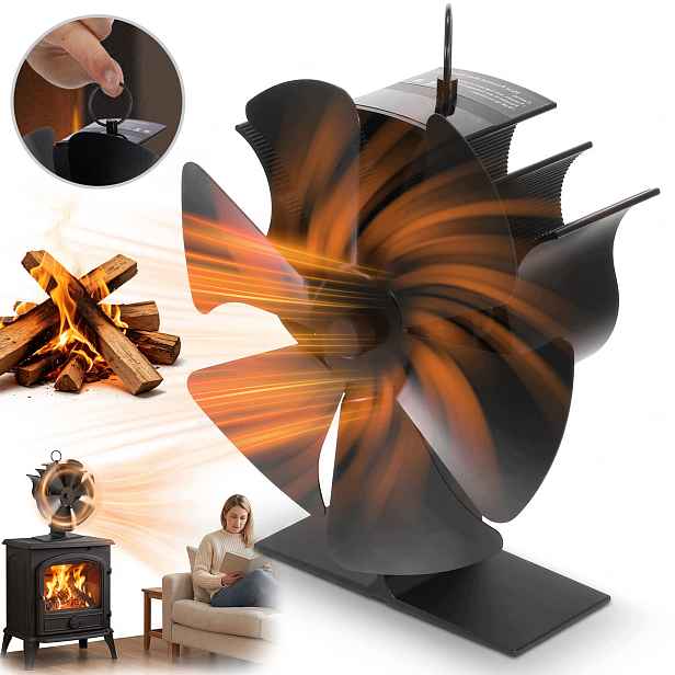 Termoelektrický krbový ventilátor 6-lopatkový, hliník, černý