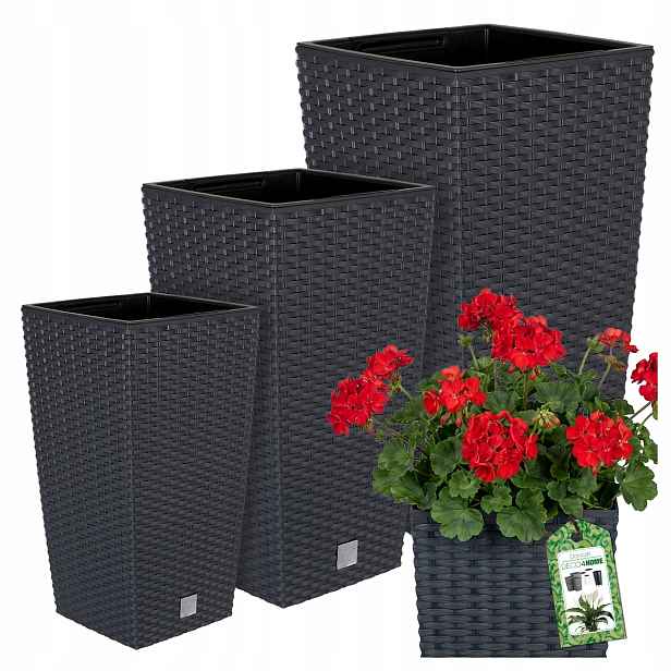 Set 3x Květináč Ratanový Květináč Antracit Vložka
