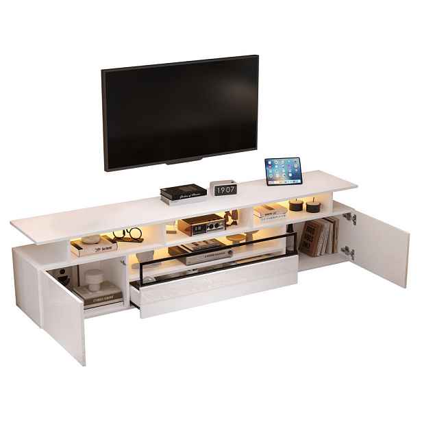 Redom TV stolek 180/38/45 cm s LED osvětlením, 2 skříňkami a zásuvkou, vysoký lesk, Bílá