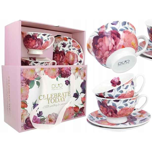 Set 2 Šálků S Podšálky s růžemi jako dárek Porcelánový komplet 250 ml