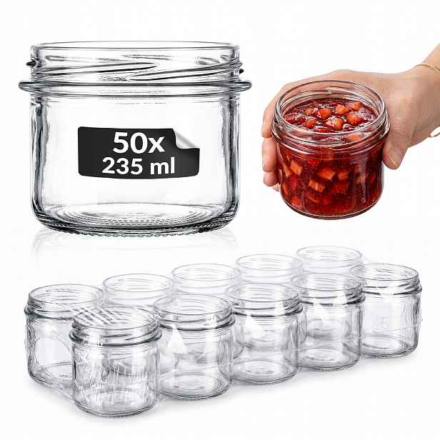 50 x Sklenice na džem pod vidlicí 235 ml zavařovací sklenice jednoduchá s okrajem na zavařeniny med