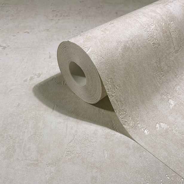Béžová tapeta napodobující omítku, beton s perleťovými oděrkami, vinylová tapeta