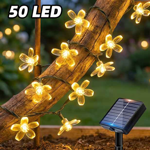 TEMU /100 LED solární pohádkové světelné řetězy, křišťálové třešňové květy, 12 režimů blikání, chytrý senzor pro sváteční dvůr, zahradu, plot, balkon