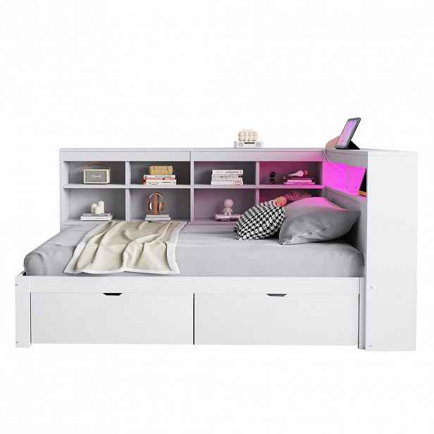 FLIEKS ČALOUNĚNÁ POSTEL 90x200cm Masiv Dřevo LED USB Úložná Bílá