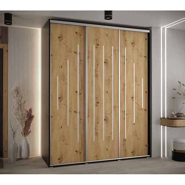 Šatní skříň YVONA 12 - 200/60 cm, černá / dub artisan / stříbrná
