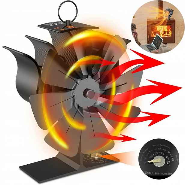 8-LOPATKOVÝ Termoelektrický Krbový Ventilátor Napájený Tepelnou Turbínou