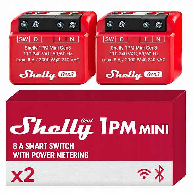 Inteligentní reléový spínač Shelly 1PM mini gen3 8A Wi-Fi Bt 2-balení