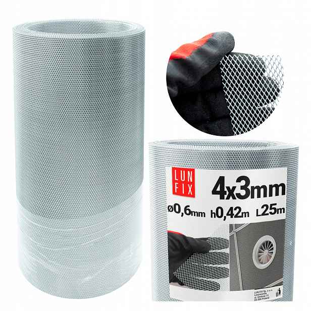 Síť řezaná 25 m proti hmyzu, kovová, ventilační, 4x3 mm, h0,42