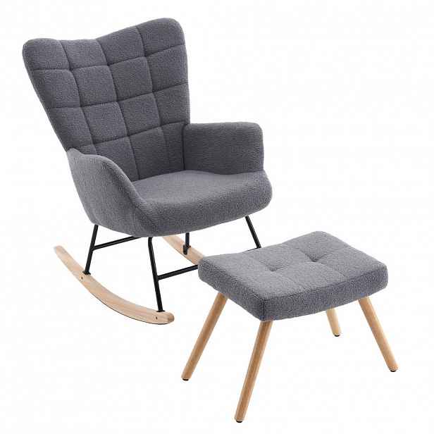OKWISH HOUPACÍ židle 91/61/88 cm šedá z jehněčí vlny s vysokým opěradlem a podnožníkem