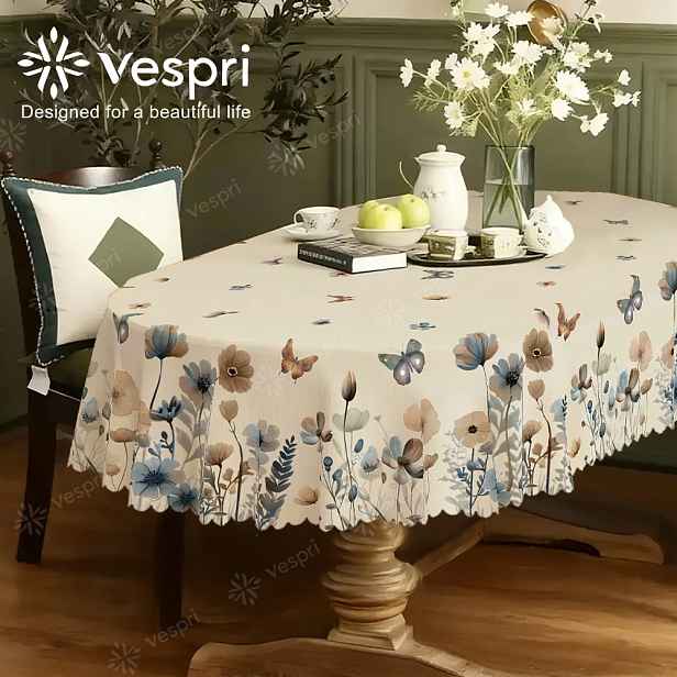 TEMU Jarní ubrusy | Bílé a béžové dekorace s motýly a květinami, moderní styl v kulatém, obdélníkovém a oválném tvaru, polyester, ideální pro