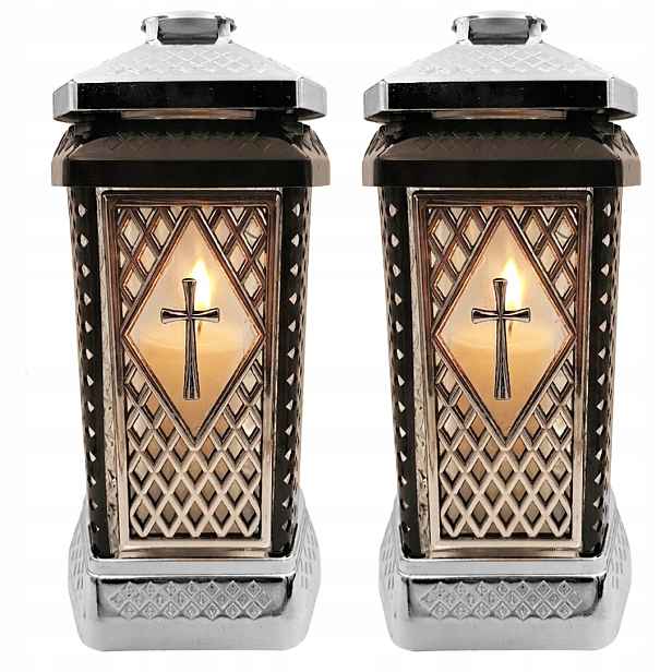 2x Hřbitovní Svíčka Velký Skleněný Ozdobný Na Hrob Lampion Stříbrný Glamour Vložka