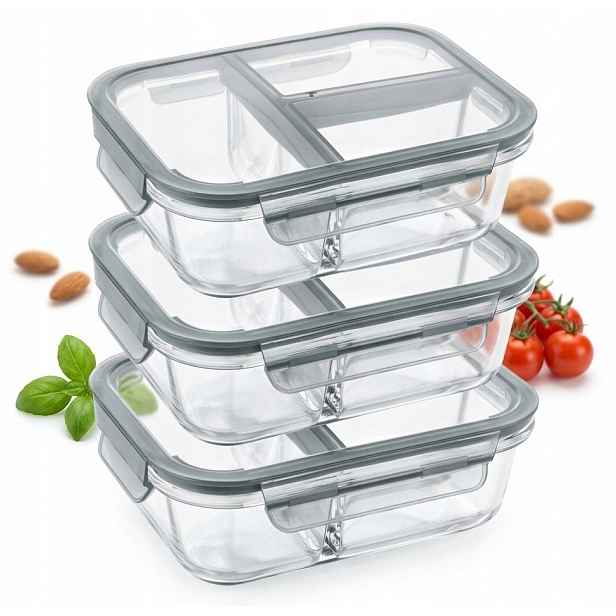 3x Nádoba Na Potraviny Skleněný Obědový Box Žáruvzdorný Velmi Těsný 950 ml