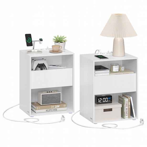 Noční stolky Vasagle 2 ks 35x45 cm bílé Usb Ac šuplík