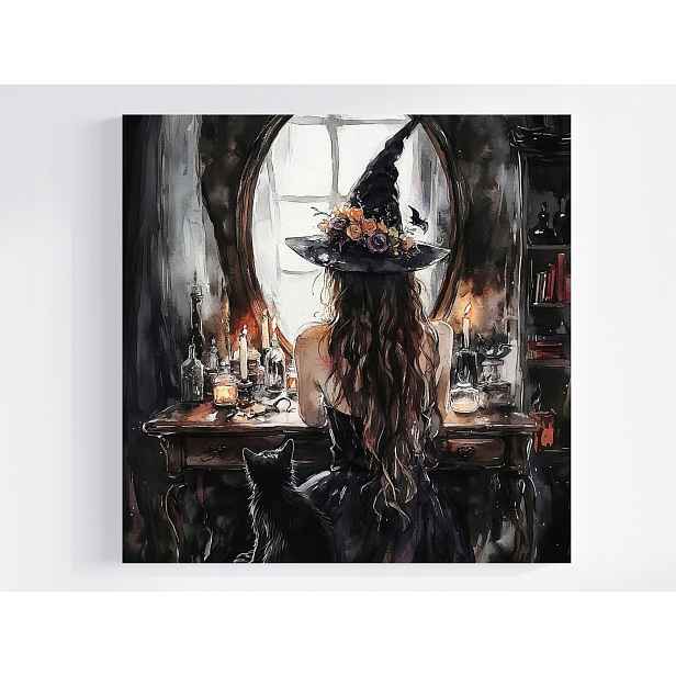 Obraz Na Plátně Čarodějnice, Čarodějnice, Kočka Zrcadlo Krása 60x60