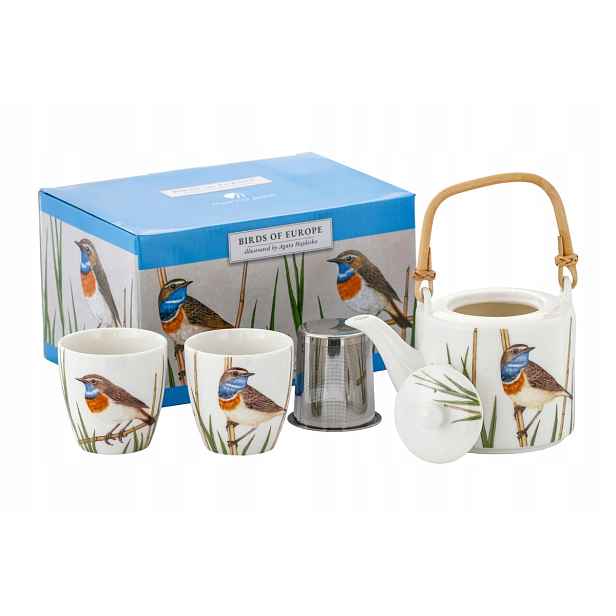 Porcelánový džbán 600 ml sítko 2 šálky 150 ml cestovatelek Polské ptáci