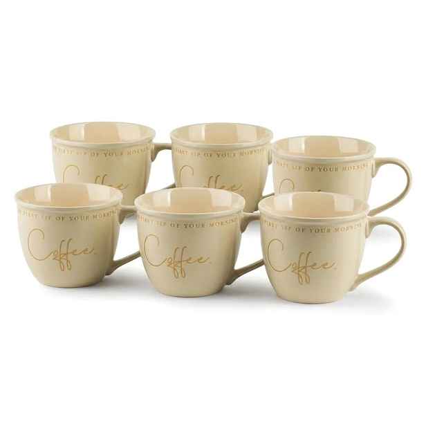 Šálky s nápisem Coffee Velké 500 ml Sada 6 ks Béžové se zlatem Hendia