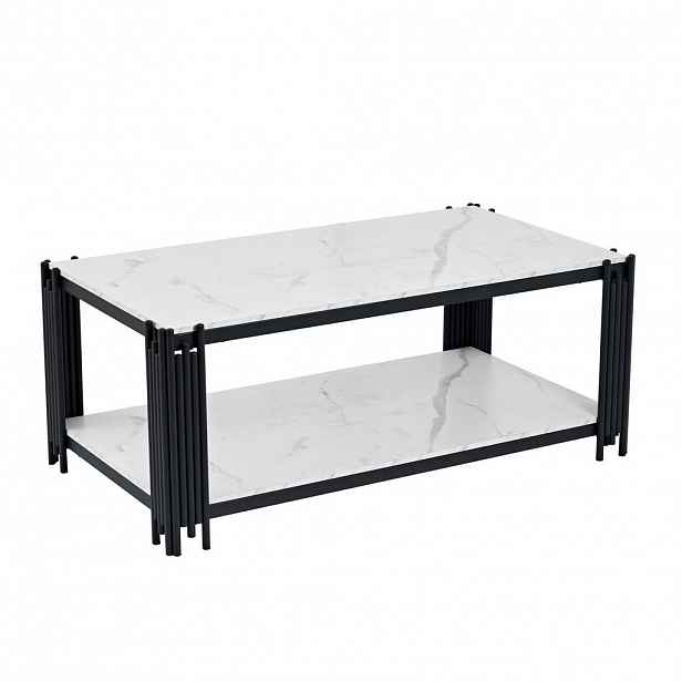 Modfu KONFERENČNÍ stolek z MDF a kovu 114x64x46 cm bílá/černá se 2 policemi a deskou v dekoru mramoru