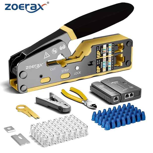 TEMU M7 Sada nástrojů, RJ45, Krimpovač, Tester kabelů, Nůžky na dráty, Čepel, 50 konektorů Cat6 + 50 ochranných návleků, Přenosný nástroj,